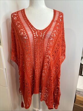 Open-Knit Tassel Swim Coverup in Bright Orange